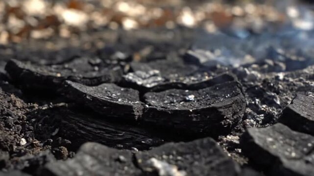 Close up of smoldering charcoal with a small red ember and smoke in a shallow depth of field