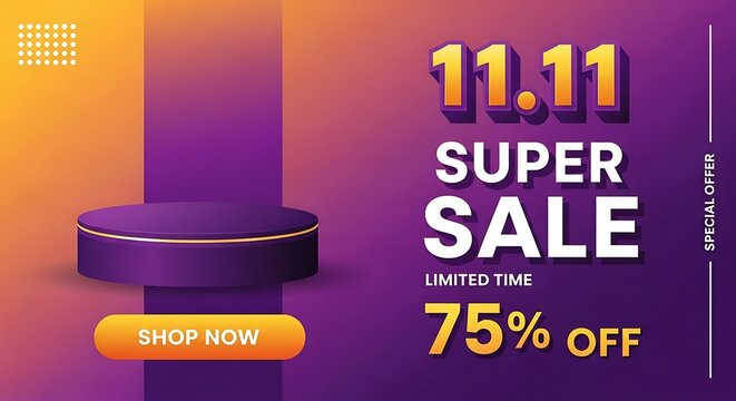 Purple podium with gold trim and a shop now button for a super sale limited time seventy five percent off