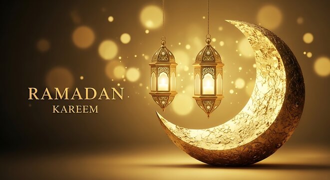 Golden ramadan kareem greeting with crescent moon and lanterns, symbolizing islamic holy month of fasting and prayer, with bokeh lights