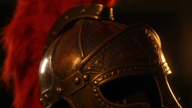 A close-up, low-angle shot of an ornate, bronze Roman legionary helmet with a red plume.