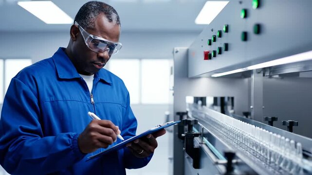 man performs inspection at control panel in factory production line. quality engineer references tablet while wearing goggle. checkpoint monitors machinery and equipment record. safety protocol noted.