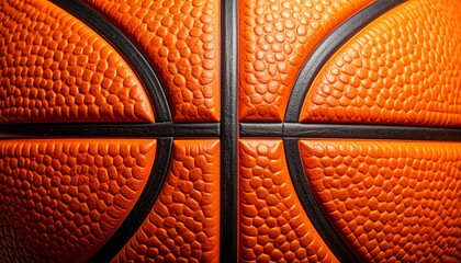 Close-up view of the textured surface of an orange basketball with prominent seams