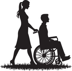Woman pushing man in wheelchair silhouette on grass