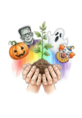Halloween Icons and a Plant being held concept illustration art