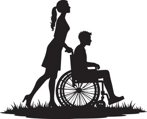 Woman pushing man in wheelchair silhouette on grass