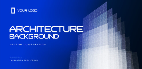 Naklejka na ściany i meble Architecture background, blue abstract wireframe buildings, polygon grid city skyline. For real estate, forum, website, conference. Architectures backdrop for business and tech. Vector illustration