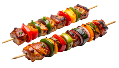 Pair of colorful kebab skewers with mixed ingredients isolated on transparent background