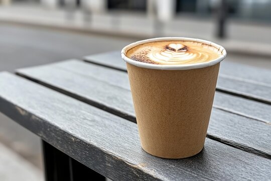 Coffee cup on wooden table in coffee shop, stock photo