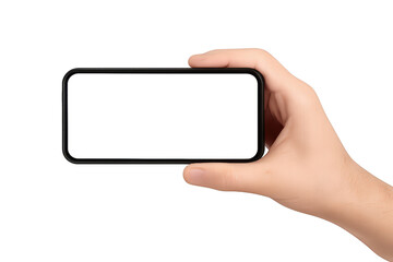 Hand holding a modern smartphone with a blank white screen
