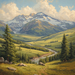 A beautiful oil painting of a majestic mountain range with snow caps towering over a lush green valley with pine trees and a winding river
