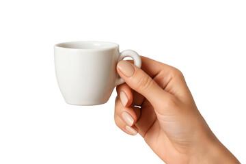 Hand holding a small white coffee cup on black background