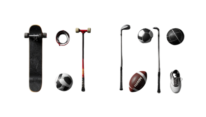 Pair of diverse sports gear collections on black background