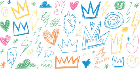 Obraz premium Colorful doodle crowns hearts lightning bolts star