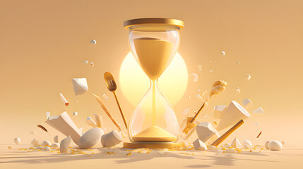 A glowing hourglass with golden sand flowing upwards, surrounded by symbolic objects representing healthy habits against a dawn gradient.