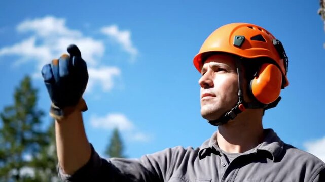 Man in safety gear reaching up against a blue sky with clouds on a sunny day outdoors looking upward