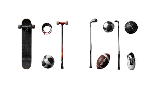 Pair of diverse sports gear collections on black background - Powered by Adobe