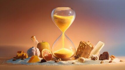 A glowing hourglass with golden sand flowing upwards, surrounded by symbolic objects representing healthy habits against a dawn gradient.