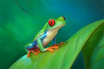 Obraz premium Red eyed tree frog sitting on a leaf, illustration of a tropical animal