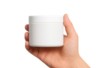 Hand holding blank white cosmetic jar mockup against black background studio shot