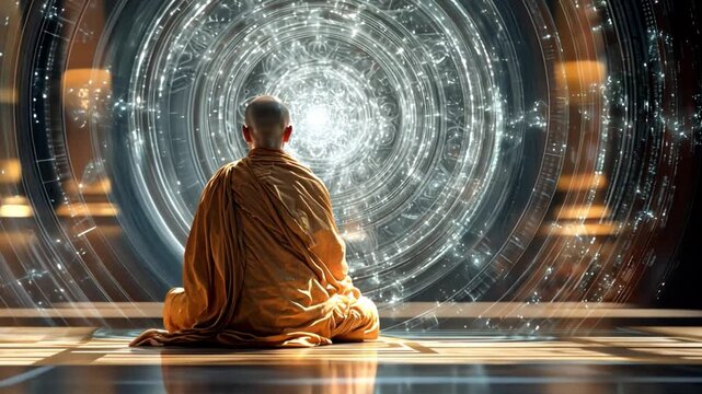 Inner Peace & Cosmic Convergence: A solitary monk, draped in golden robes, finds serenity in deep meditation, positioned before an abstract portal, a nexus of light and energy.