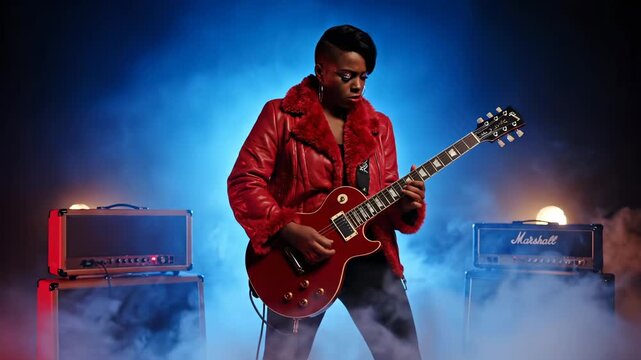 Man plays guitar electric on stage. Red jacket contrasts with blue lighting and smoke. Amplifier stacks flank player during performance. Music energy fills studio atmosphere. Guitar fretwork detail.