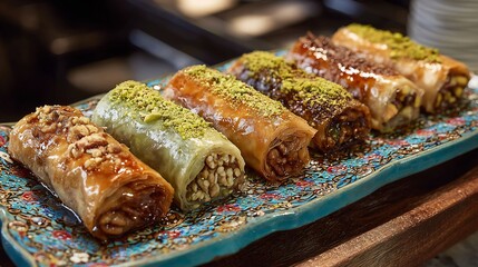 Left right display of assorted baklava rolls with pistachio walnut and hazelnut fillings glossy syrup glaze on a decorative Turkish tray