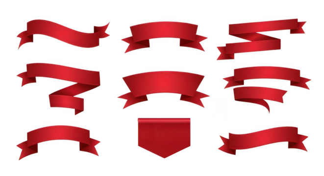 Collection of nine red banners on transparent background