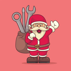 Modern cartoon Santa Claus waving and carrying a sack filled with wrenches and screwdriver. Perfect festive vector for mechanical engineers and workshops