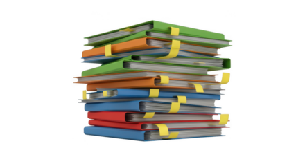 Stack of colorful books with tabs on transparent background