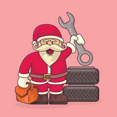 Cartoon Santa Claus holding a wrench and toolbox with tires behind him. Perfect festive vector for mechanical engineers, workshops, and industrial Christmas
