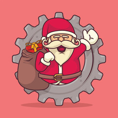 Cartoon Santa Claus waving from inside a gear while carrying a gift bag. Perfect Christmas illustration for mechanical engineers and industrial workshops.