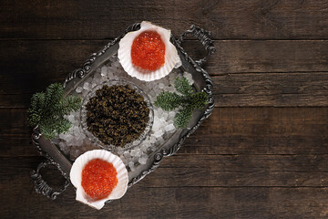 Black and red caviar on a silver-plated tray and on ice. Natural delicacy. Branch of spruce and ice on a tray. Natural omega. Flat lay. Top view. Copy space.