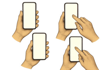Hands holding smartphones with blank screen mockup and black background