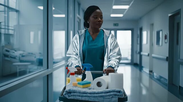 custodian pushes cart through hospital corridor. cleaning supply and mop rest on cart. uniform and towel sit beside sanitizer bottle. custodian moves along corridor during shift. supply arranged.