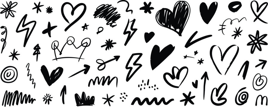Black hand drawn doodle icons heart star