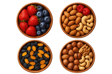 Healthy snacks four bowls full of berries nuts and dried fruits