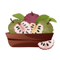 Cherimoya (Custard Apple) fruit with leaves on the plate.