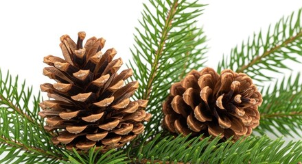 Pine cones and pine needles isolated on white background