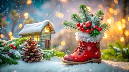 A charming red boot filled with evergreen branches and berries, placed in a snowy landscape next to a pinecone and a quaint, snowcovered cottage with warm light emanating from the windows