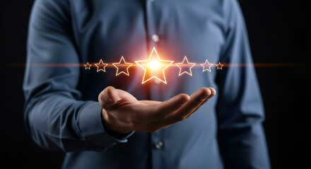 Person hand touching five golden stars on virtual screen, online rating and customer satisfaction concept for service evaluation