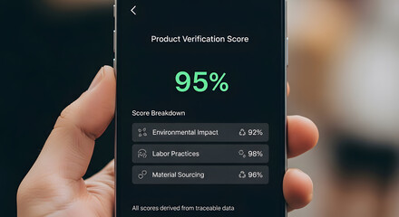 Handheld device showing product verification score and sustainable sourcing metrics for informed consumer choices