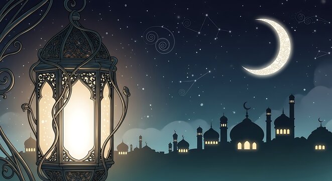 A glowing ornate lantern illuminates a starry night sky with a crescent moon and silhouetted mosque domes, evoking a sense of peace and spirituality during ramadan or eid celebrations