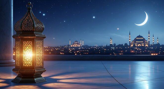 A glowing ornate lantern sits on a balcony overlooking a city skyline with a mosque and crescent moon at night, symbolizing ramadan and islamic culture