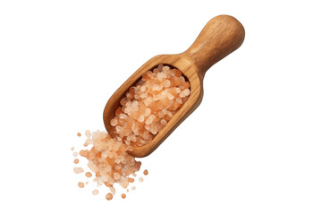 Himalayan Pink Salt in Wooden Scoop on Black Background Overhead Shot