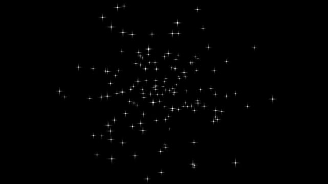 Magical twinkling star sparkle animation with glowing glitter rays, white flat vector doodle stars blinking on black night background, 4K looping video effect.