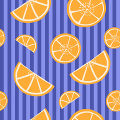 Seamless pattern of orange slices in flat design on blue striped background for kitchen decor, fabric, and wrapping paper design.