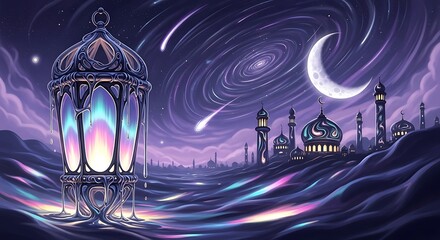 Magical ramadan night with a glowing lantern and crescent moon over a silhouetted mosque, stars and nebulae in the sky, and colorful reflections on the ground