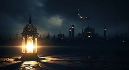 A glowing lantern illuminates the night sky with a crescent moon and mosque silhouettes, symbolizing ramadan and islamic culture