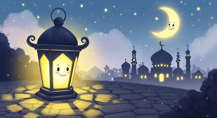 A cute cartoon lantern with a smiling face illuminates a starry night sky with a crescent moon and silhouetted mosques in the background, creating a festive ramadan atmosphere