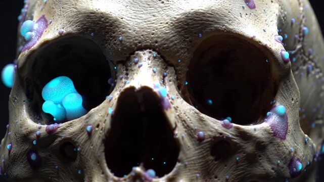 A macabre close-up of a human skull with glowing spheres, a chilling depiction of mortality. The skull shows signs of decay with various colors 